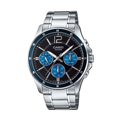 Casio watch with silver metal strap and black dial on a white background