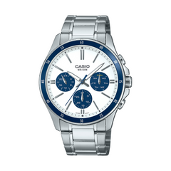 Casio watch with silver and blue design on a white background