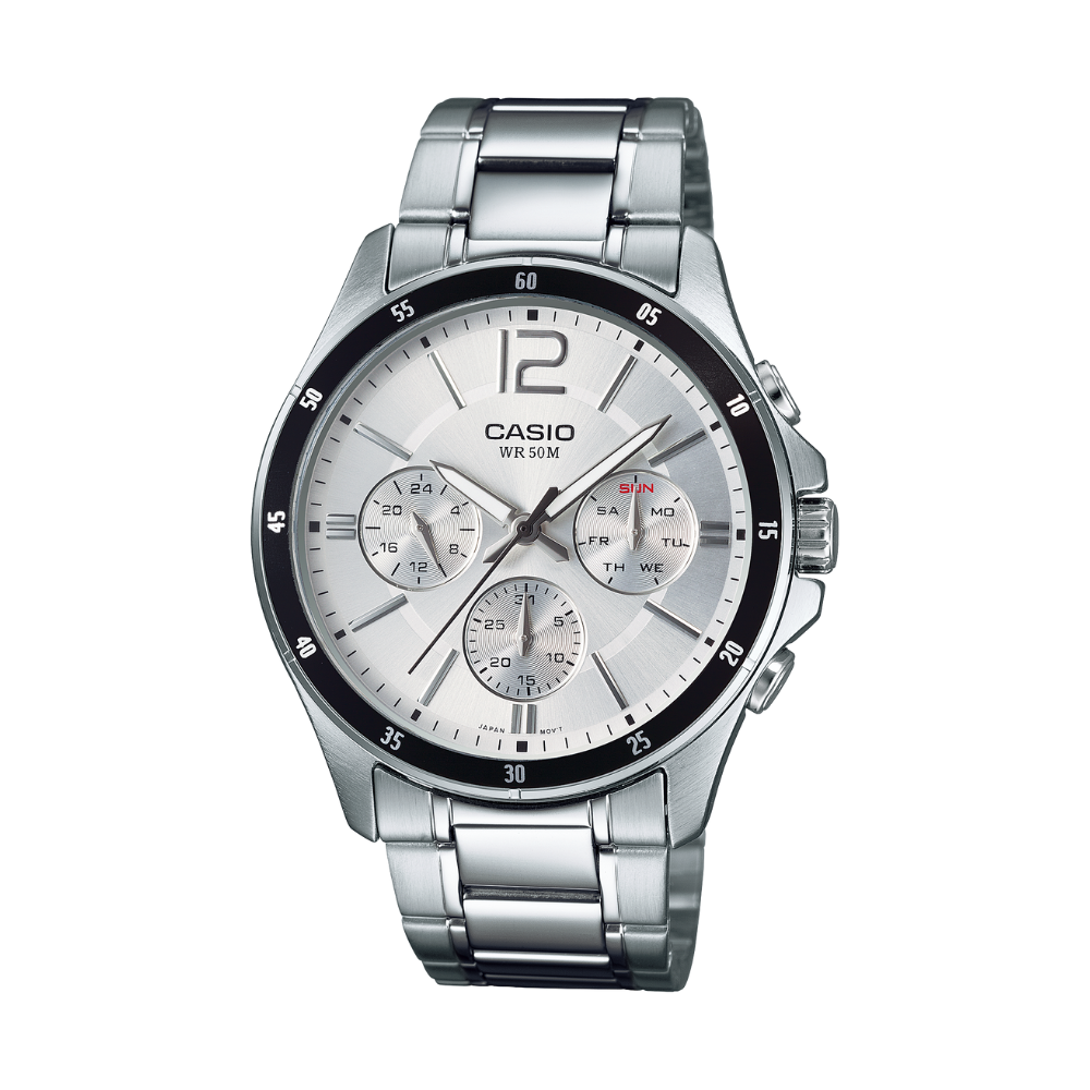 Casio watch with silver strap and white face on a white background
