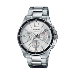 Casio watch with silver strap and white face on a white background