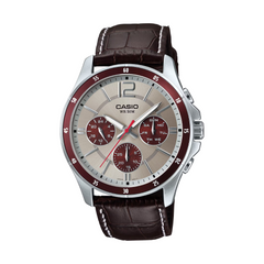 Casio watch with brown leather strap on a white background