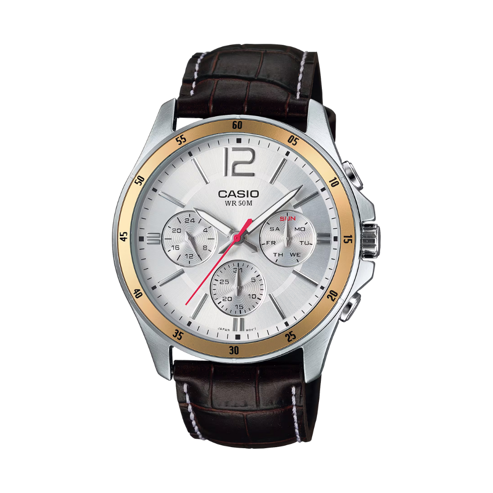 Casio watch with brown leather strap on a white background