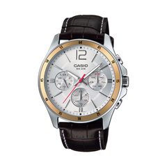 Casio watch with brown leather strap on a white background