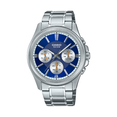 Casio watch with blue face and silver band on a white background