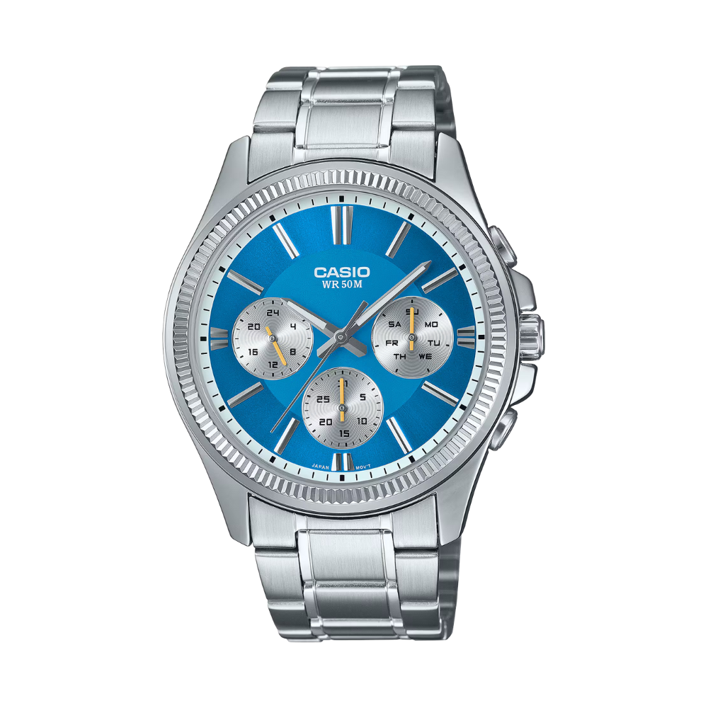 Casio watch with blue face and silver band on a white background