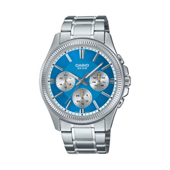 Casio watch with blue face and silver band on a white background