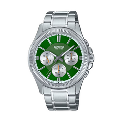 Casio watch with green face and silver metal strap on white background