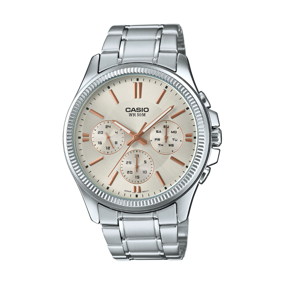 Silver Casio watch with a detailed face on a white background
