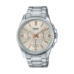 Silver Casio watch with a detailed face on a white background