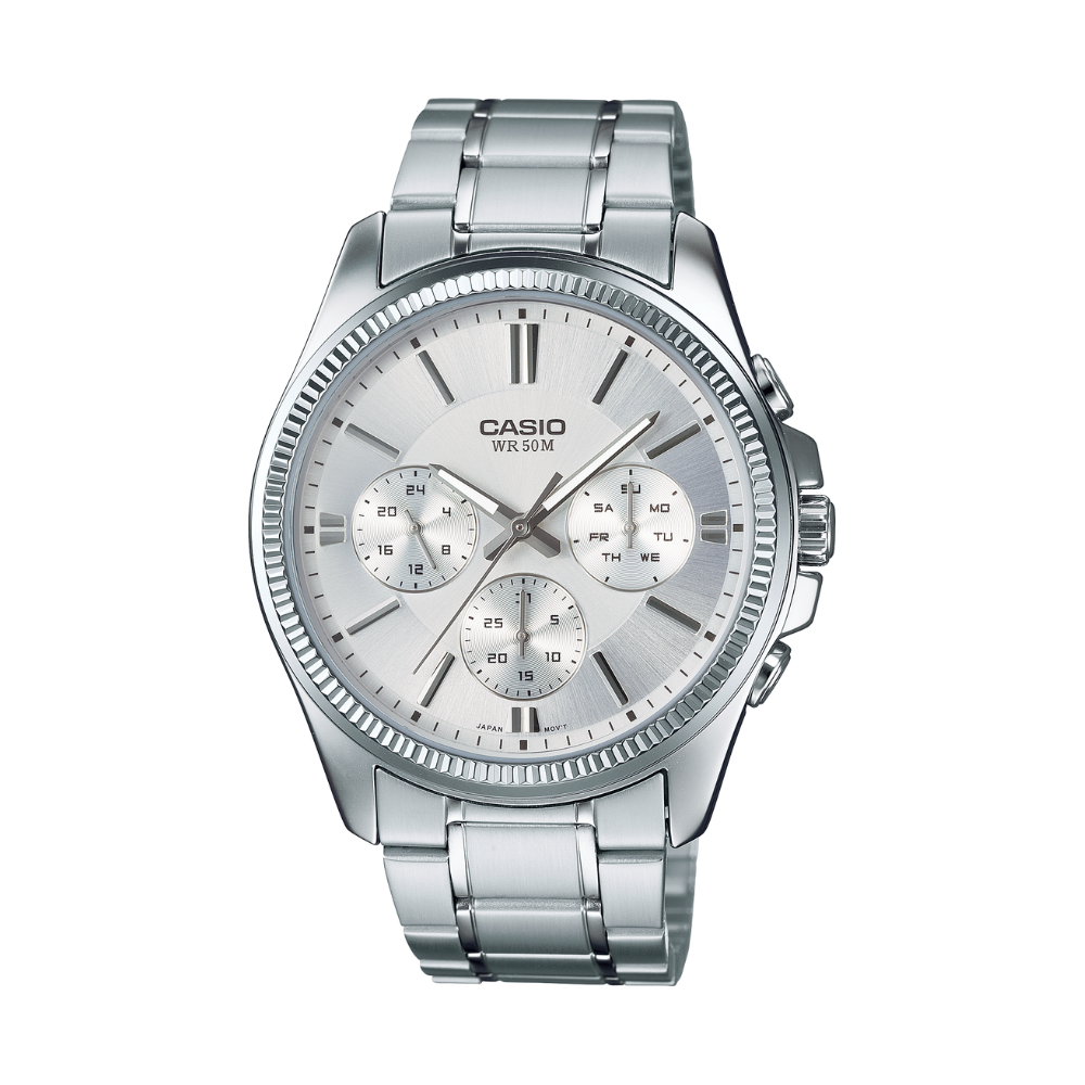 Silver Casio watch on a white background