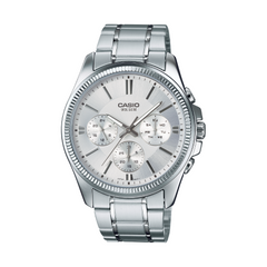 Silver Casio watch on a white background