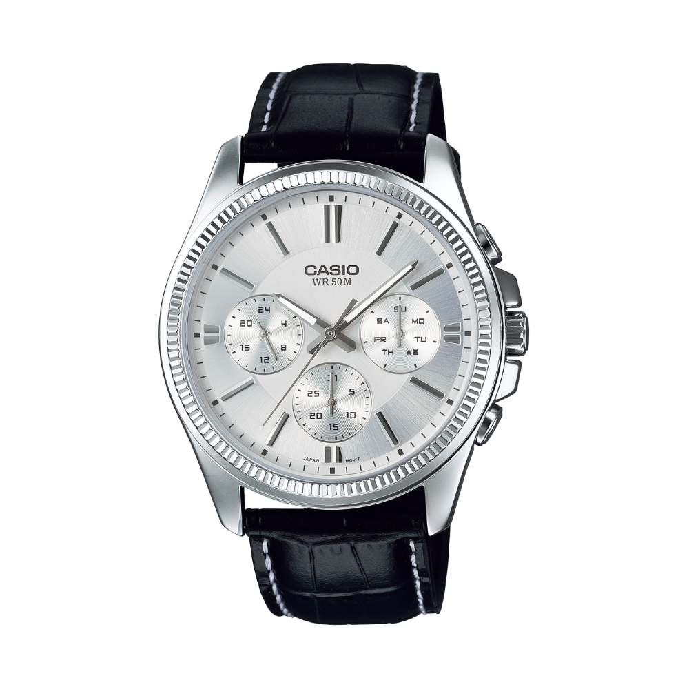 Casio watch with black leather strap and silver dial on a white background