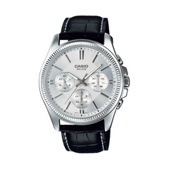 Casio watch with black leather strap and silver dial on a white background