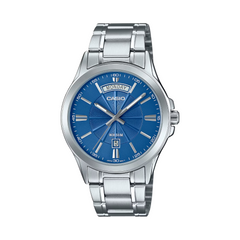 Casio watch with blue dial and silver metal strap on a white background