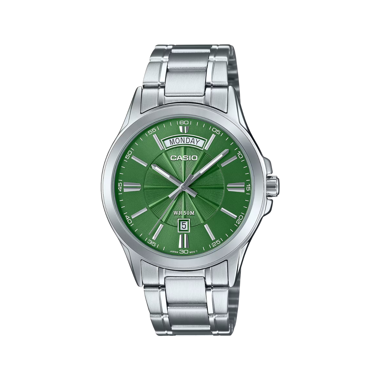Casio watch with a green face and silver case on a white background