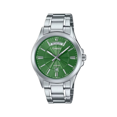 Casio watch with a green face and silver case on a white background