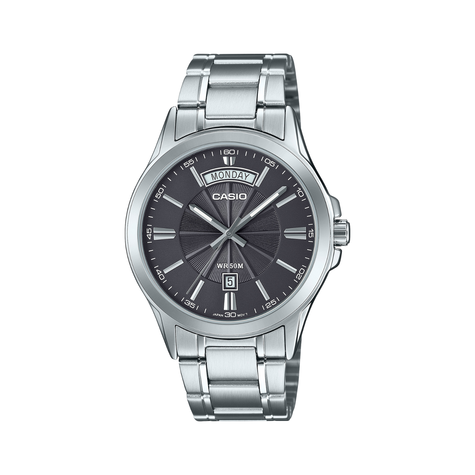 Silver Casio watch with a black face on a white background
