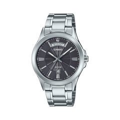 Silver Casio watch with a black face on a white background