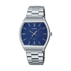 Casio watch with blue face and silver metal strap on a white background
