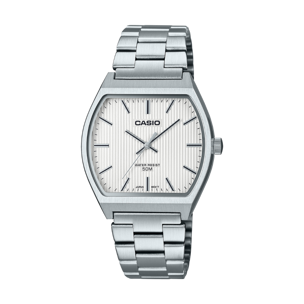 Silver Casio watch with a white face on a white background