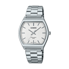 Silver Casio watch with a white face on a white background