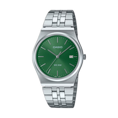 Casio watch with green dial and silver metal strap on a white background