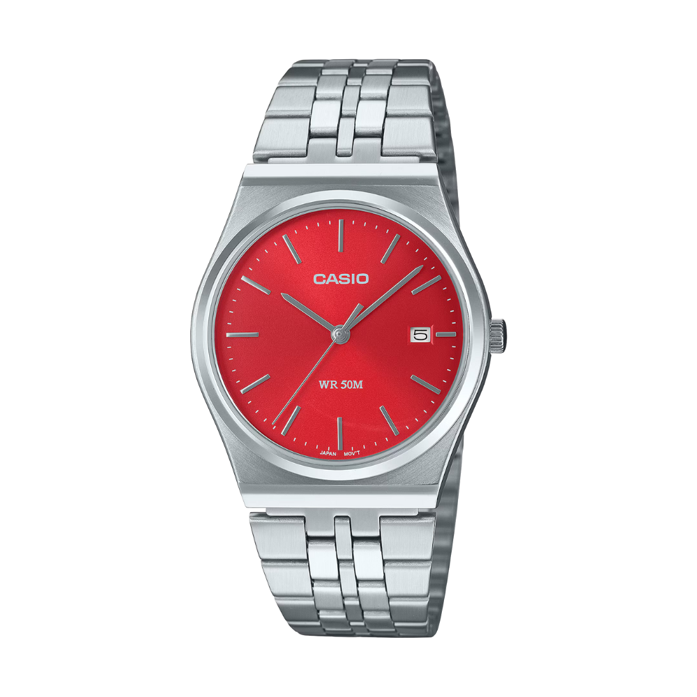 Casio watch with a red face and silver metal strap on a white background