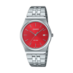 Casio watch with a red face and silver metal strap on a white background