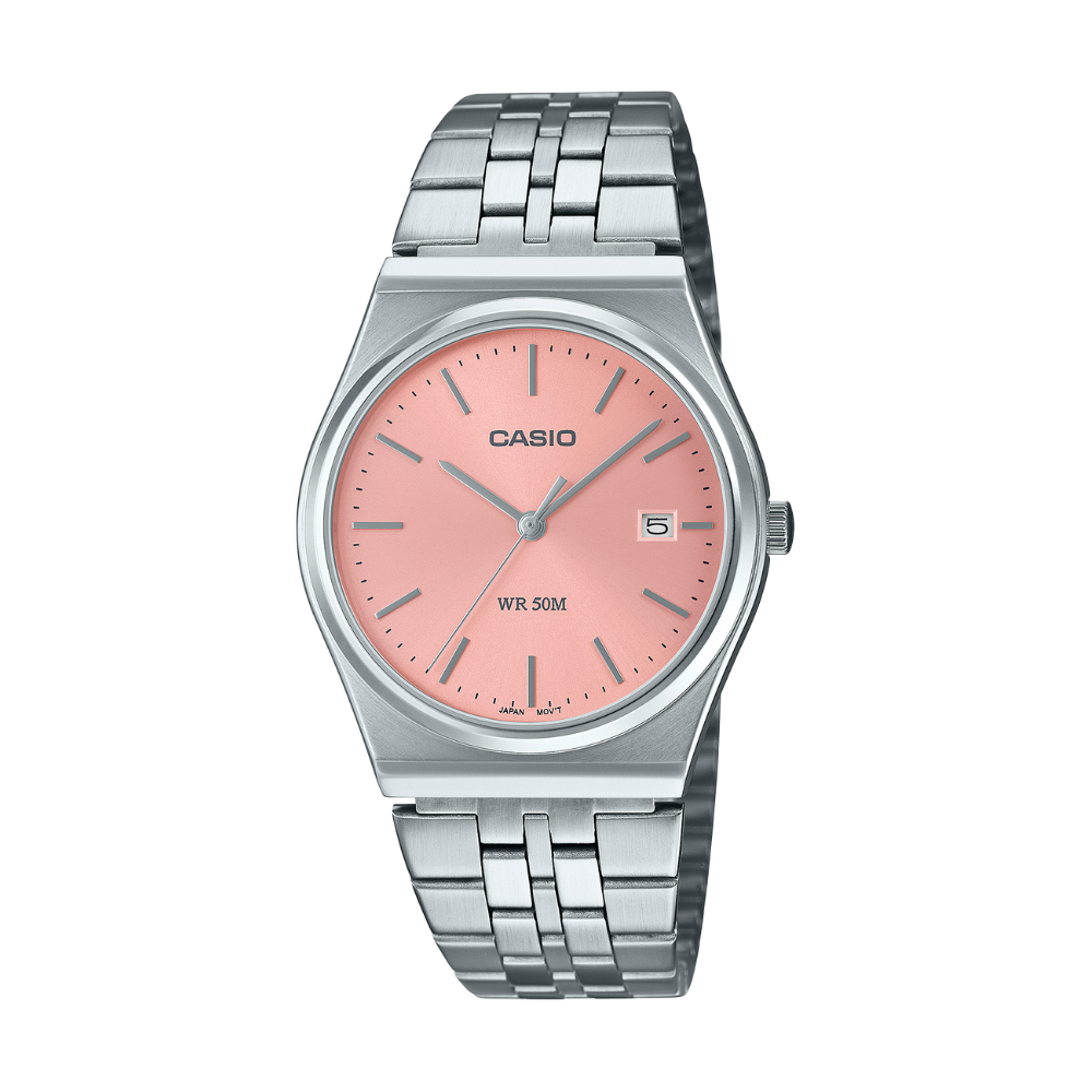 Casio watch with pink dial and silver metal strap on a white background