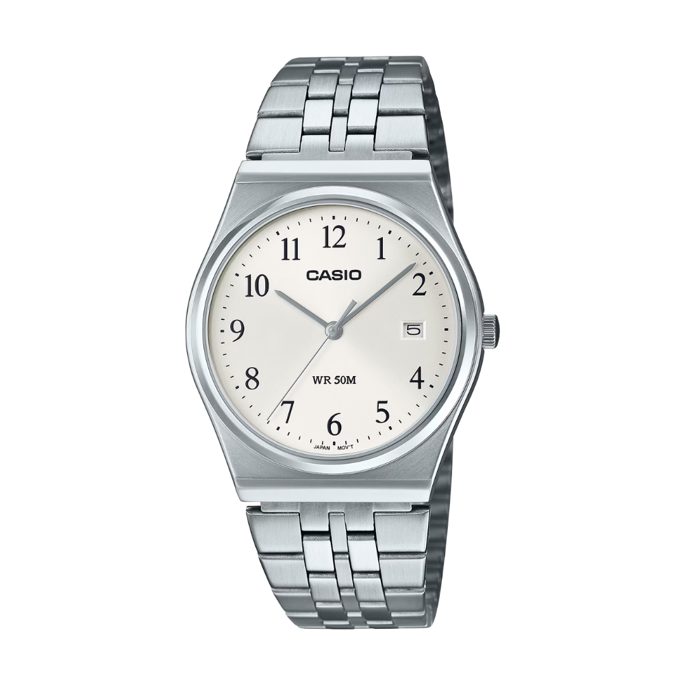 Silver Casio watch with a white face on a white background