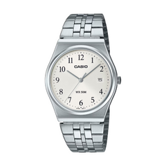 Silver Casio watch with a white face on a white background