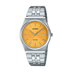 Casio watch with silver bracelet and orange dial on a white background