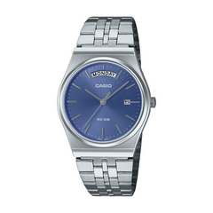 Casio watch with blue dial and silver metal strap on a white background