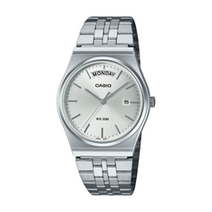 Silver Casio watch with a metal strap on a white background