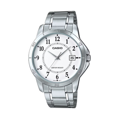 Silver Casio watch with a white face on a white background