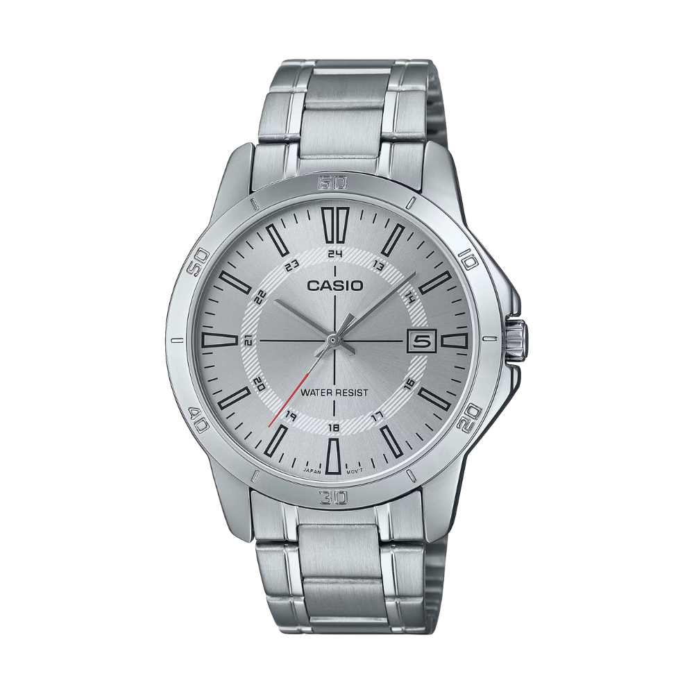 Silver Casio watch on a white background
