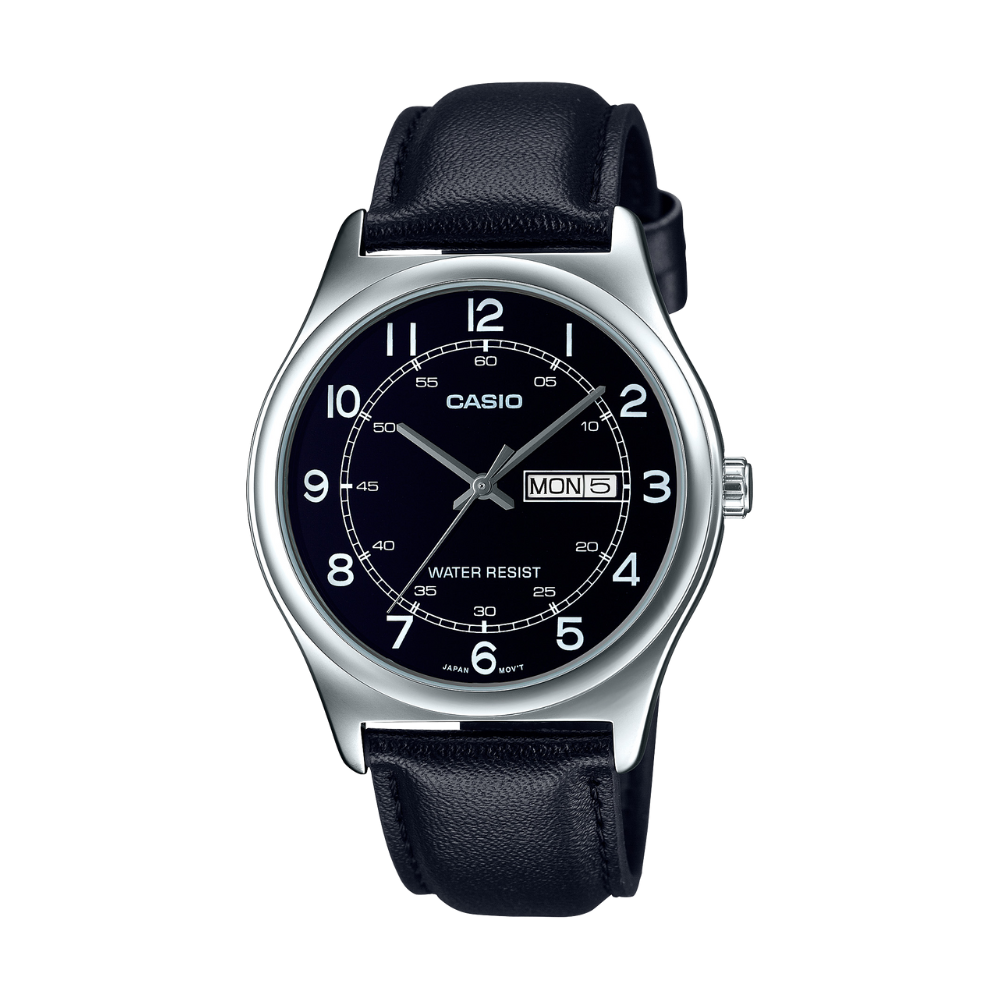Casio watch with black leather strap and black dial on a white background