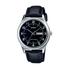 Casio watch with black leather strap and black dial on a white background