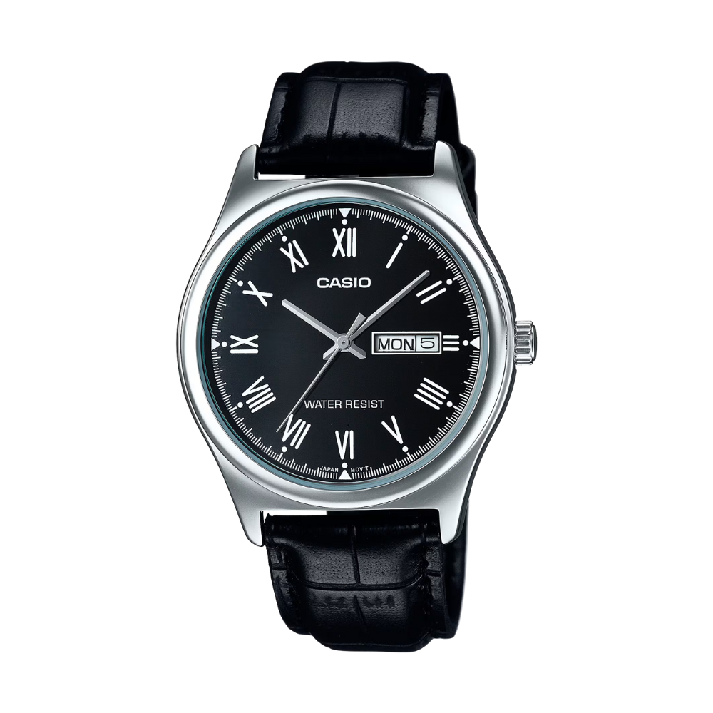 Casio watch with black leather strap and black dial on a white background