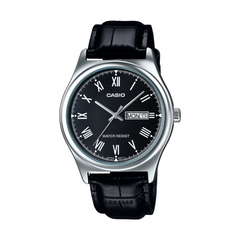 Casio watch with black leather strap and black dial on a white background