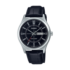 Casio watch with black leather strap on a white background