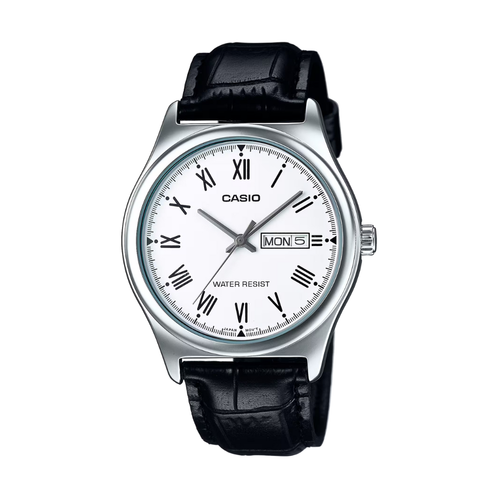 Casio watch with black leather strap and white dial on a white background