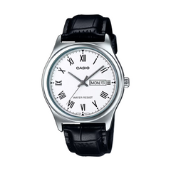 Casio watch with black leather strap and white dial on a white background