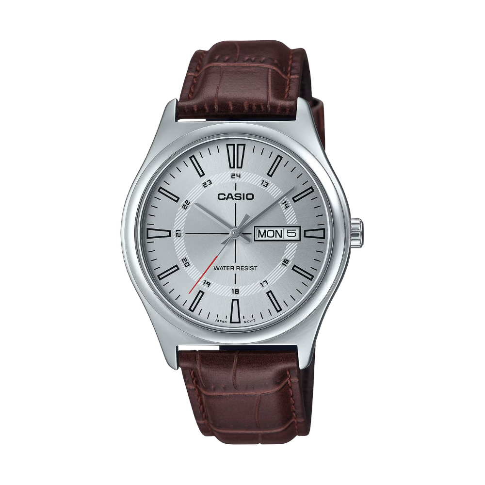 Casio watch with brown leather strap on a white background