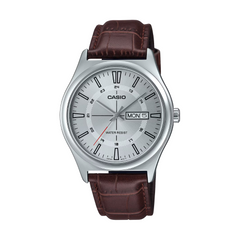 Casio watch with brown leather strap on a white background