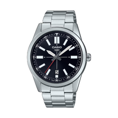 Casio watch with black dial and silver metal strap on a white background