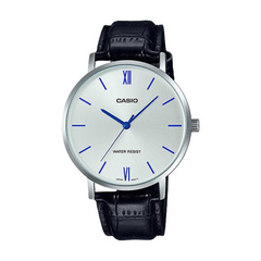 Casio watch with black leather strap and white face on a white background