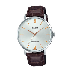 Casio watch with brown leather strap on a white background
