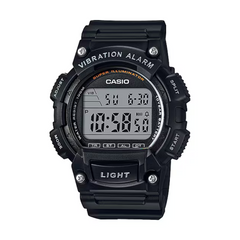 Black Casio digital watch with vibration alarm feature on a white background