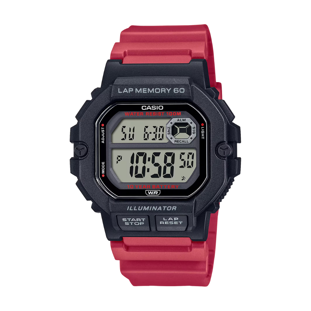 Digital watch with a red strap on a white background